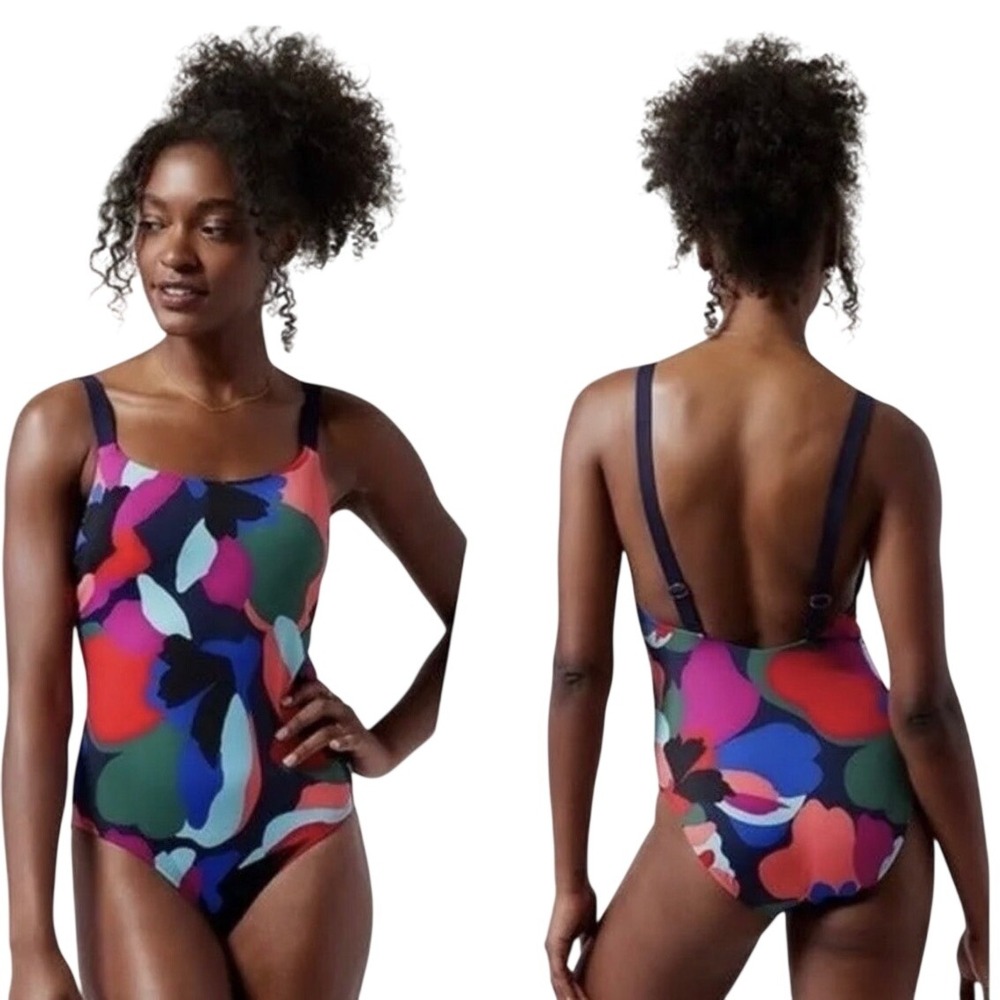 ATHLETA Hermosa Abstract Floral Print One Piece Swimsuit SZ S Multi Athletic EUC